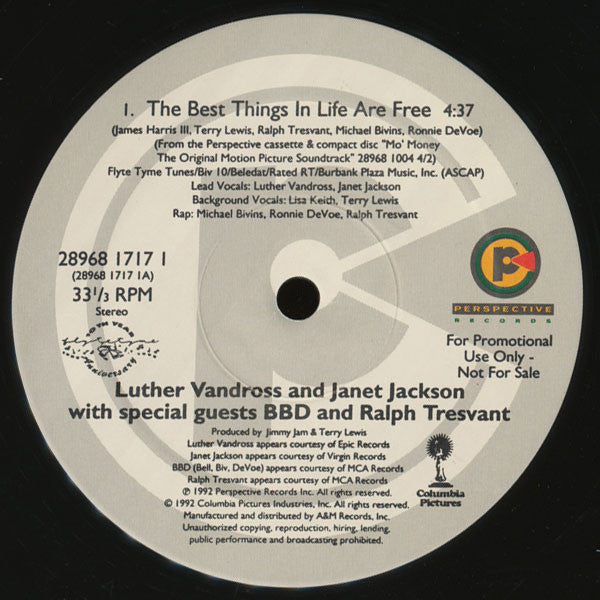 Luther Vandross & Janet Jackson With Special Guests BBD* And Ralph Tresvant : The Best Things In Life Are Free (12", Promo)