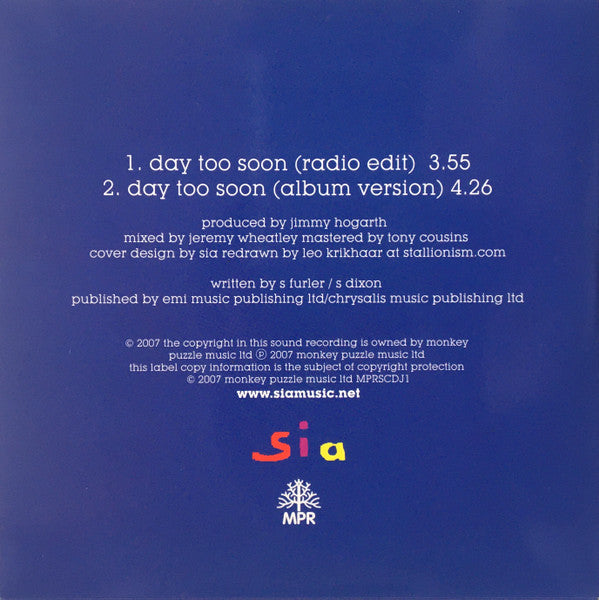 Sia : Day Too Soon (CD, Single, Promo)