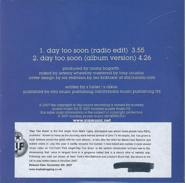 Sia : Day Too Soon (CD, Single, Promo)
