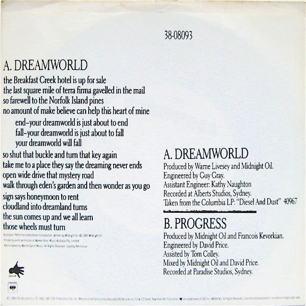 Midnight Oil : Dreamworld (7", Single, Styrene)