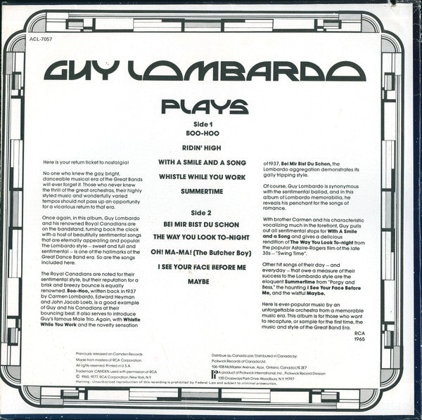 Guy Lombardo And His Royal Canadians : Guy Lombardo Plays (LP, Comp, RE)