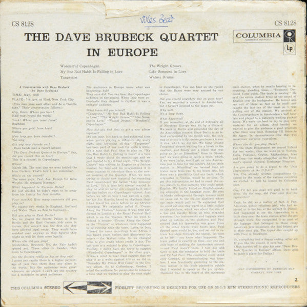 The Dave Brubeck Quartet : The Dave Brubeck Quartet In Europe (LP, Album, Hol)