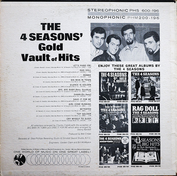 The Four Seasons : The 4 Seasons' Gold Vault Of Hits (LP, Comp, RE, RP, Mer)