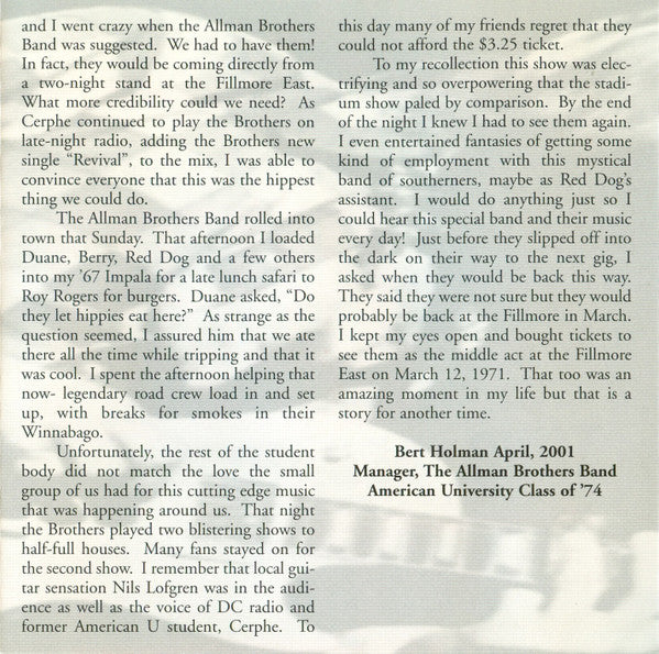 The Allman Brothers Band : American University Washington, D.C. 12/13/70 (CD, Album, RE)
