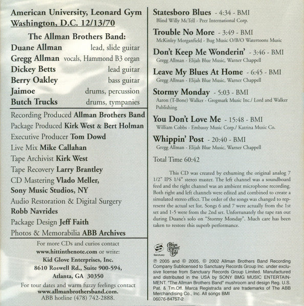 The Allman Brothers Band : American University Washington, D.C. 12/13/70 (CD, Album, RE)