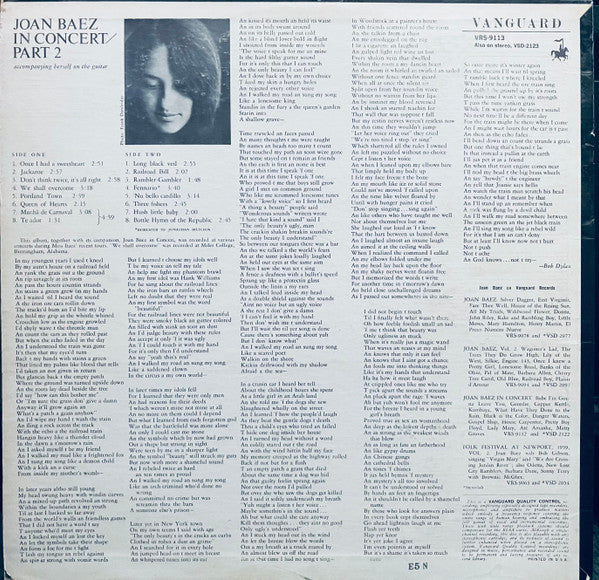 Joan Baez : In Concert Part 2 (LP, Album, Mono, Gol)