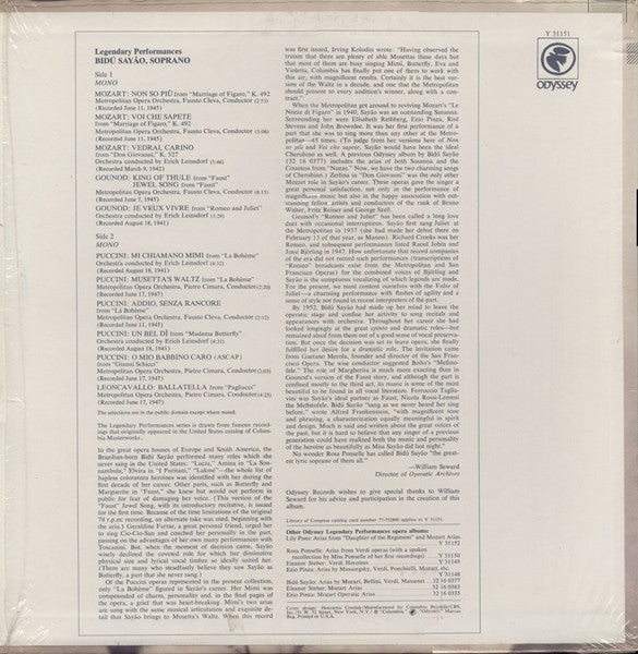 Bidú Sayão : In Honor Of The 35th Anniversary Of Her Metropolitan Opera Debut  Opera Arias By Mozart / Gounod / Puccini / Leoncavallo (LP, Album, Comp, Mono)
