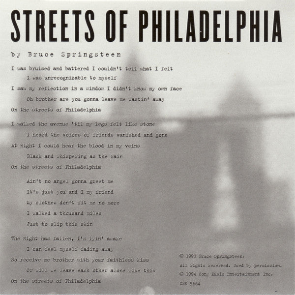 Bruce Springsteen : Streets Of Philadelphia (CD, Single, Promo)