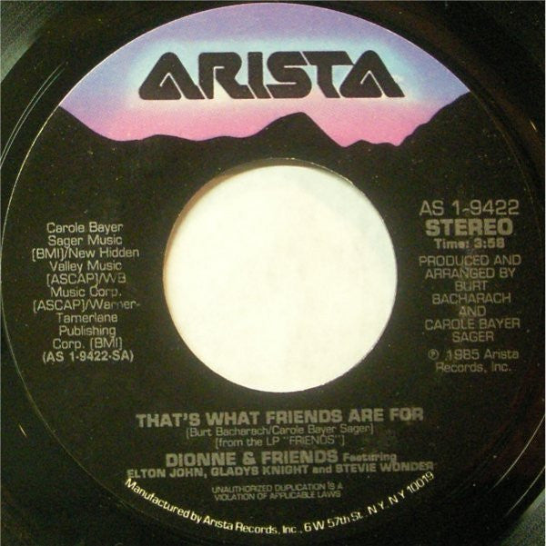 Dionne & Friends Featuring Elton John, Gladys Knight And Stevie Wonder : That's What Friends Are For (7", Single, Styrene, RCA)