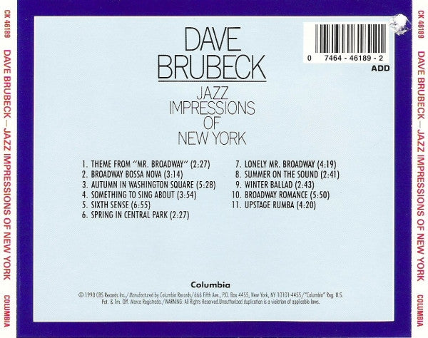 Dave Brubeck : Jazz Impressions Of New York (CD, Album, RE, RM)