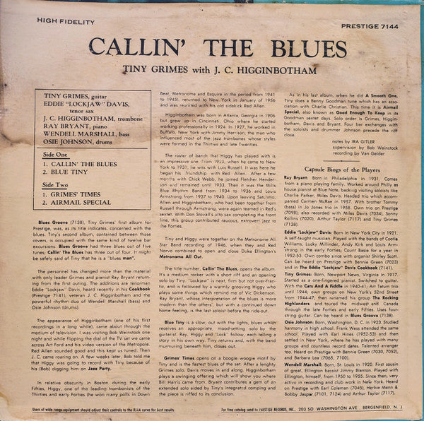 Tiny Grimes / J.C. Higginbotham : Callin' The Blues (LP, Album, Mono)