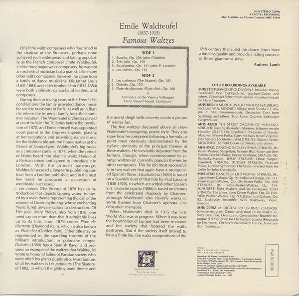 Emil Waldteufel, Wiener Volksopernorchester, Franz Bauer-Theussl : Famous Waltzes (The Skaters, España, Estudiantina, And Others) (LP)