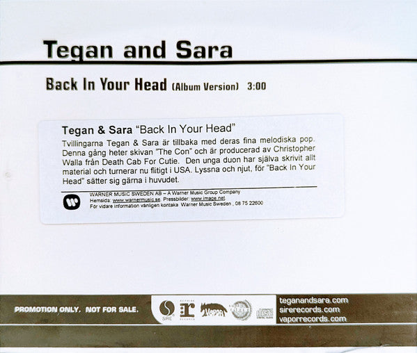 Tegan and Sara : Back In Your Head (Album Version) (CD, Single, Promo)