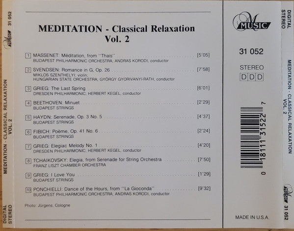 Jules Massenet, Johan Svendsen, Edvard Grieg, Ludwig van Beethoven, Joseph Haydn, Zdeněk Fibich, Pyotr Ilyich Tchaikovsky, Amilcare Ponchielli : Meditation - Classical Relaxation Vol.2 (CD, Comp)