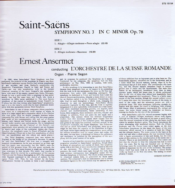 Camille Saint-Saëns, Pierre Segond, Ernest Ansermet . L'Orchestre De La Suisse Romande : Symphony No. 3 In C Minor (LP, Album, RE)