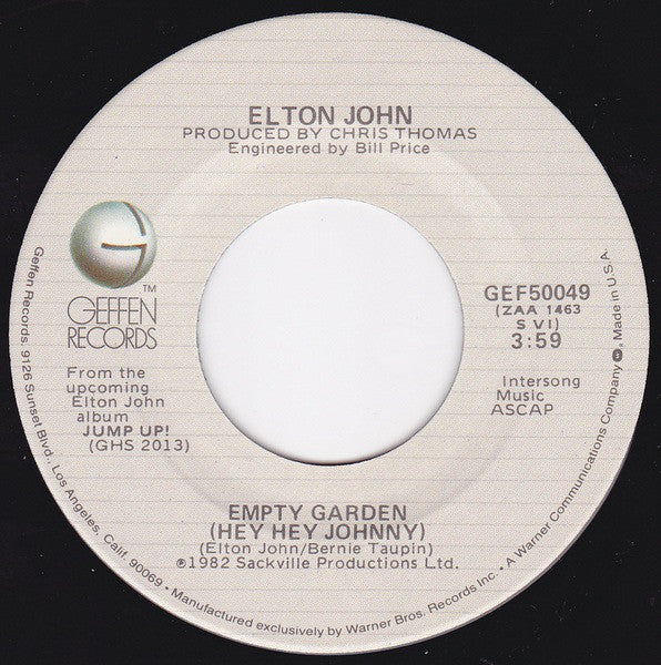 Elton John : Empty Garden (Hey Hey Johnny) (7", Single, Spe)