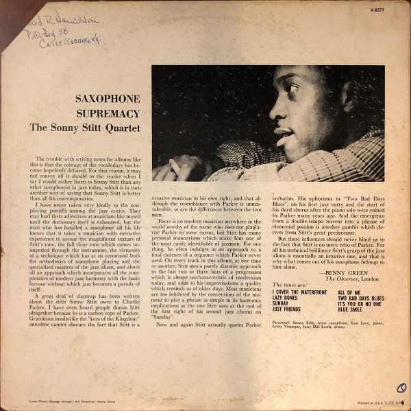 Sonny Stitt Quartet : Saxophone Supremacy (LP, Album, Mono)