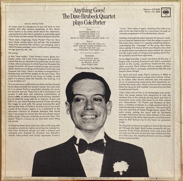The Dave Brubeck Quartet : Anything Goes! The Dave Brubeck Quartet Plays Cole Porter (LP, Album, Mono)