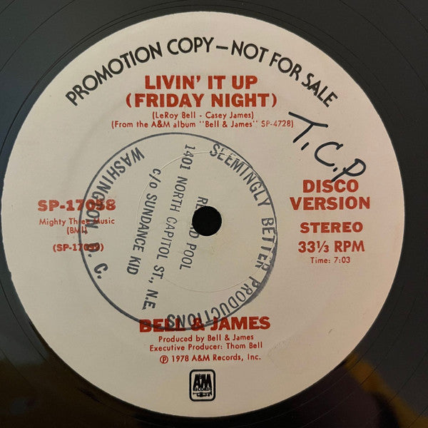 Bell & James : Livin' It Up (Friday Night) (12", Promo)