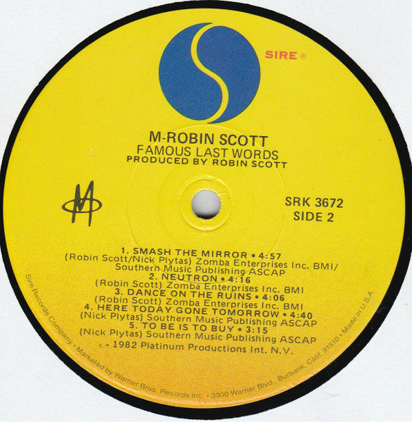 Robin Scott / M (2) : Famous Last Words (LP, Album, Los)