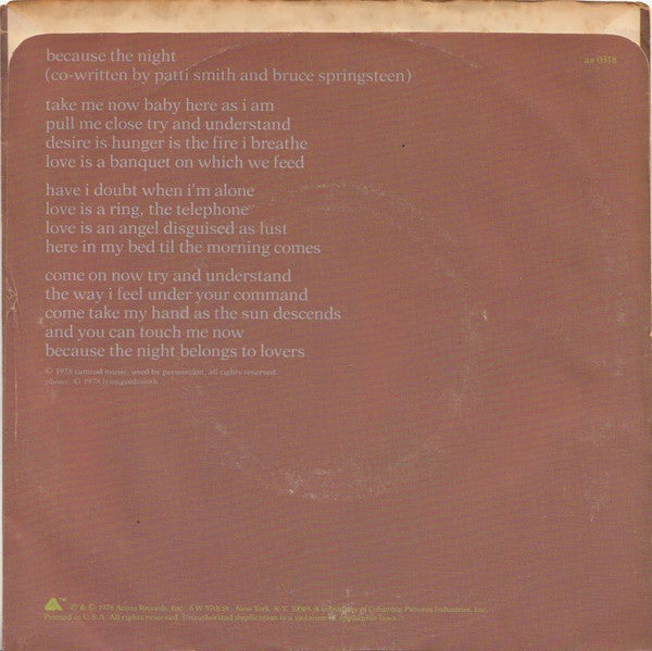 Patti Smith Group : Because The Night (7", Single)