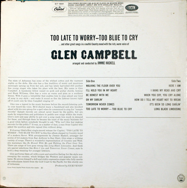 Glen Campbell : Too Late To Worry-Too Blue To Cry (LP, Album, RP)