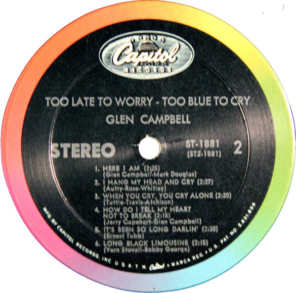 Glen Campbell : Too Late To Worry-Too Blue To Cry (LP, Album, RP)