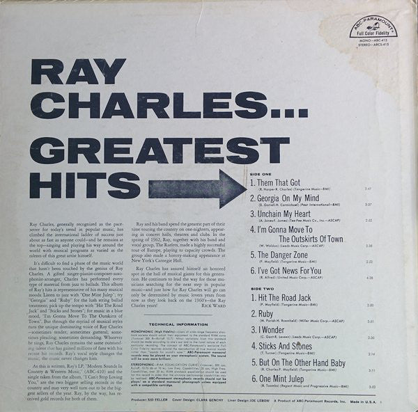 Ray Charles : Greatest Hits (LP, Comp, Pit)