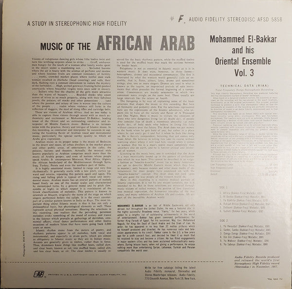 Mohammed El-Bakkar & His Oriental Ensemble : Music Of The African Arab Vol. 3 (LP, Album)