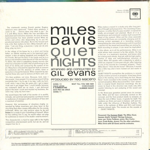 Miles Davis : Quiet Nights (LP, Album, Mono)