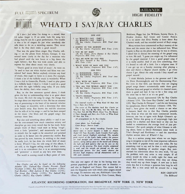 Ray Charles : What'd I Say (LP, Album, Mono, RE, 180)