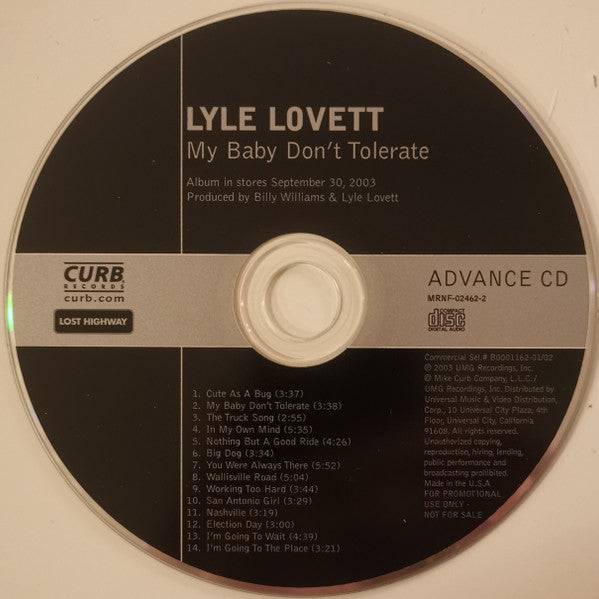 Lyle Lovett : My Baby Don't Tolerate (CD, Advance)