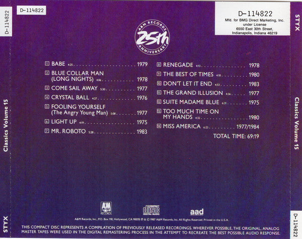 Styx : Classics Volume 15 (CD, Comp, Club, RE, PMD)