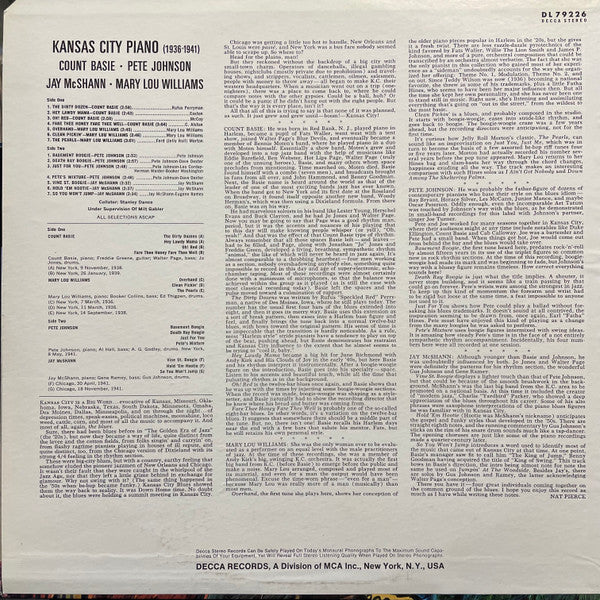 Count Basie - Pete Johnson - Jay McShann - Mary Lou Williams : Kansas City Piano (1936-1941) (LP, Comp)