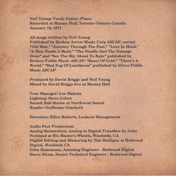 Neil Young : Live At Massey Hall 1971 (HDCD, Album, Dig)