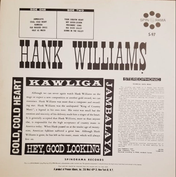 Bob Jones (17) : A Vocal Tribute To Hank Williams (Great Country & Western Hits) (LP, Album)