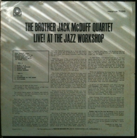 The Brother Jack McDuff Quartet : Brother Jack At The Jazz Workshop Live! (LP, Album, Mono)