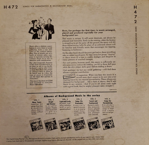 Various : Background Music Vol. 6: Songs For Harmonizing (10", Mono)