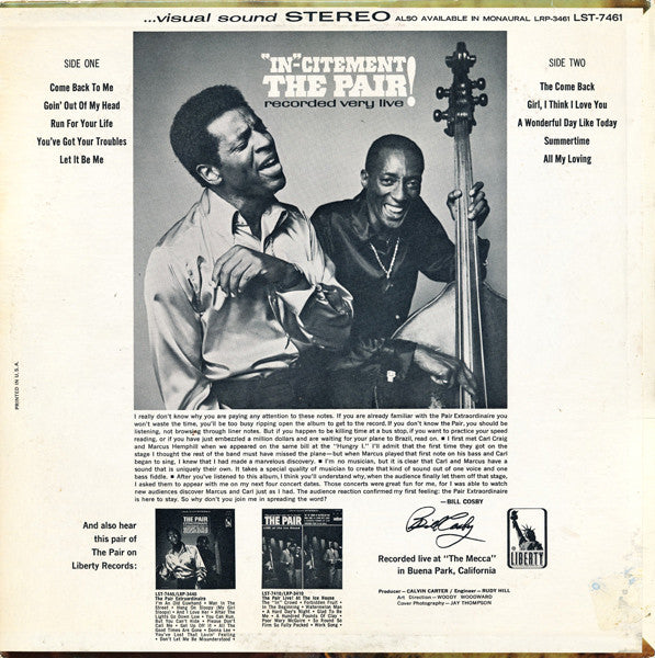 The Pair Extraordinaire : "In"-Citement: The Pair Recorded Very Live (LP, Album, Pit)