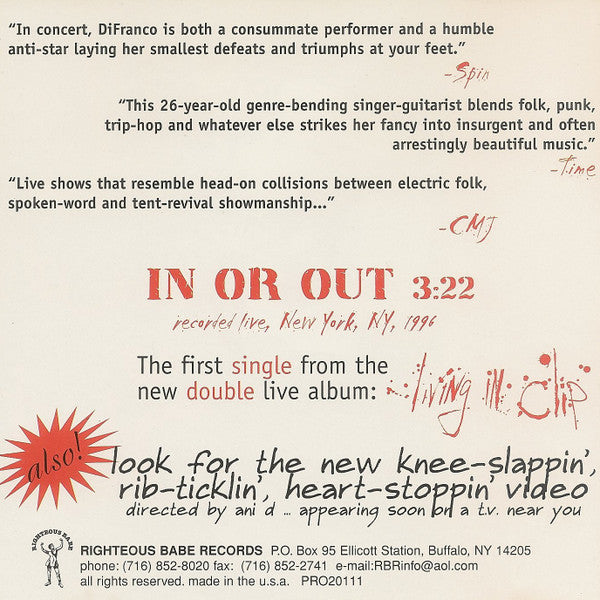 Ani DiFranco : In Or Out (CD, Single, Pro)
