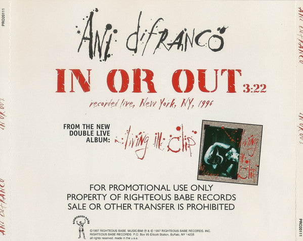 Ani DiFranco : In Or Out (CD, Single, Pro)