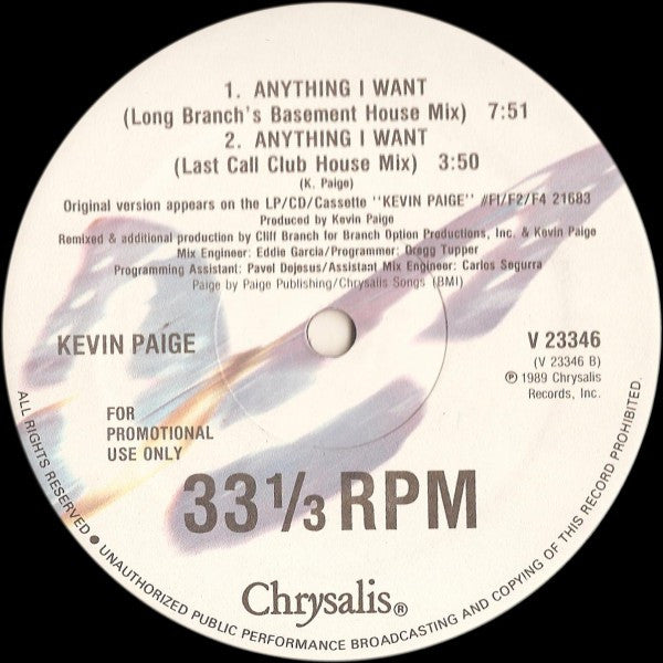 Kevin Paige : Anything I Want (12", Promo)