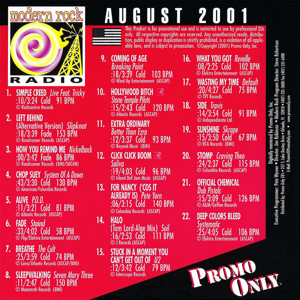 Various : Promo Only Modern Rock Radio: August 2001 (CD, Comp, Promo)