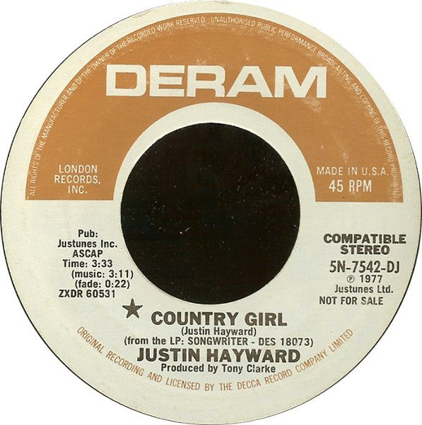 Justin Hayward : Country Girl (7", Promo, Styrene)