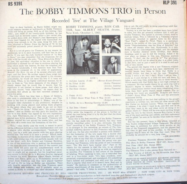 The Bobby Timmons Trio : In Person (LP, Album, Mono, RP)