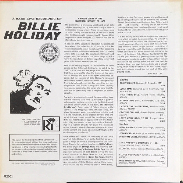 Billie Holiday : A Rare Live Recording Of Billie Holiday (LP, Album)