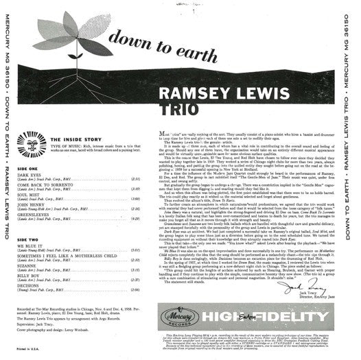 Ramsey Lewis Trio* : Down To Earth (The Ramsey Lewis Trio Plays Music From The Soil) (LP, Album, Mono)
