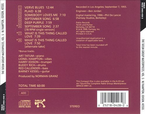 Art Tatum / Lionel Hampton / Harry Edison / Buddy Rich / Red Callender / Barney Kessel : The Tatum Group Masterpieces, Volume 5 (CD, Album, RE)