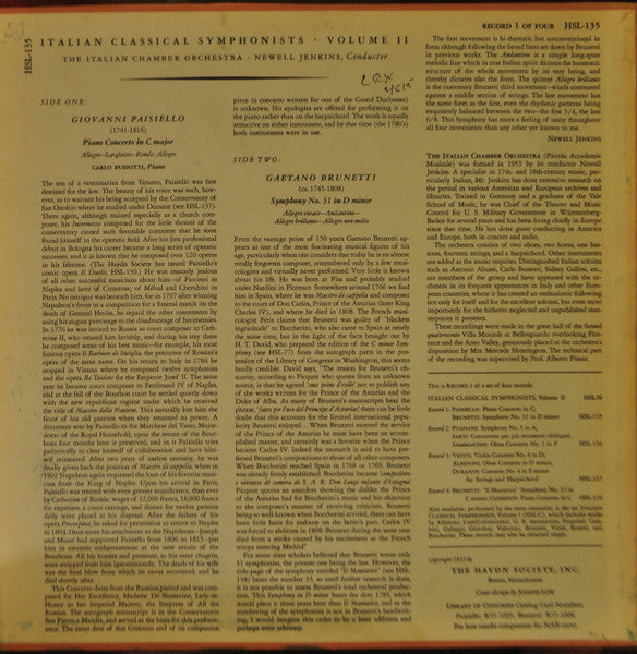 Giovanni Paisiello, Gaetano Brunetti : Italian Classical Symphonists - Volume II (LP, Mono)