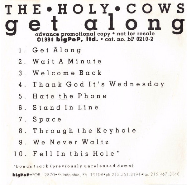 The Holy Cows (2) : Get Along (CD, Advance, Album, Promo)